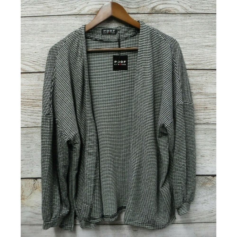 Poof Open Front Cardigan Womens Medium Black &‎ White Striped 3/4 Sleeve New
